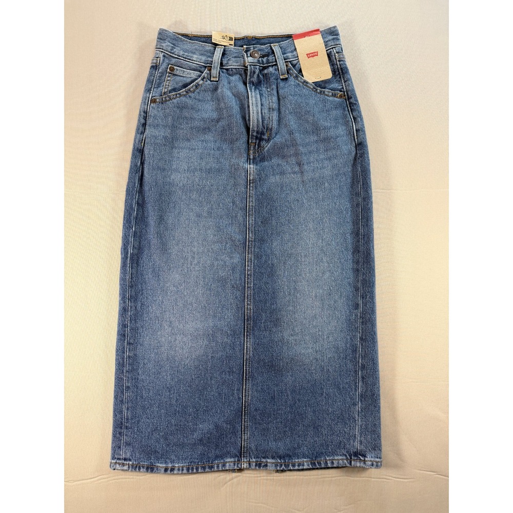 Levis Ankle Column Denim Midi Skirt Medium Wash High Rise Size 24 NWT